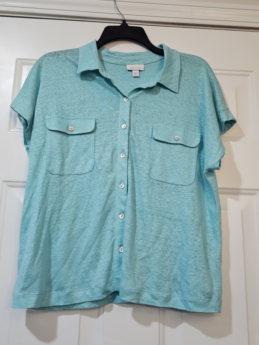 J. Jill LOVE Linen Aqua Short-Sleeve Button Down Shirt Size M